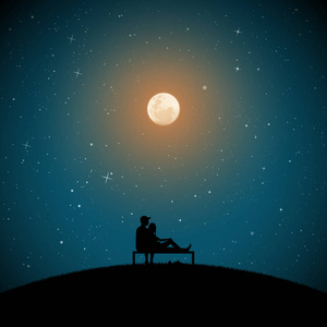 月光情侣情侣们坐在月光下的长椅上.矢量插图与爱侣在公园的剪影.