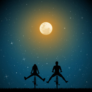 矢量插图,两个骑自行车的人的轮廓与腿分开在公园.星空中的北极光.