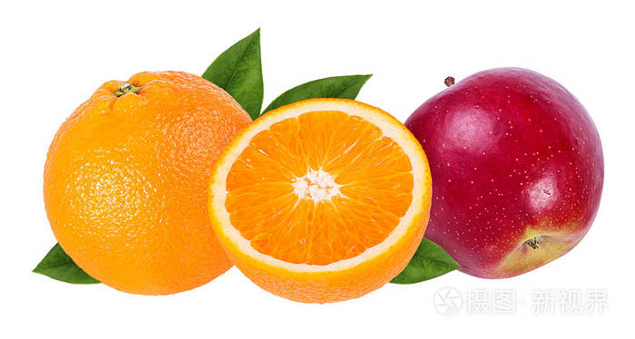 白色背景下的苹果和橙色