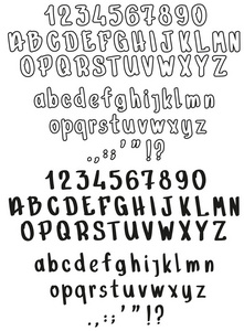 手绘黑白字体..卡通风格。矢量字母，数字和符号..孤立在白色背景上。卷5