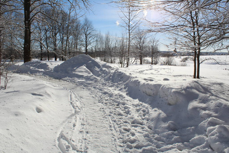 冬季森林中的雪路道路照片，通往森林的小径。季节是冬天。寒冷，寒冷，阳光明媚的一天。美丽的自然景观..白雪覆盖的树木。俄罗斯。