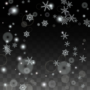 圣诞节矢量背景与白色落雪花隔离在透明的背景。逼真的雪闪闪图案。降雪覆盖打印。冬天的天空。党的邀请设计