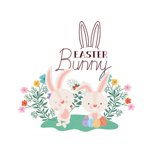 复活节兔子标签与鸡蛋和鲜花图标