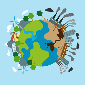 生态卡通形象与清洁地球的比较概念,因为使用替代能源和肮脏的地球