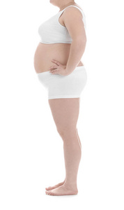 超重妇女在白色背景特写。 重量损失