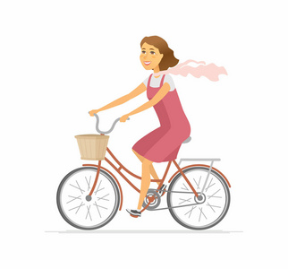 女孩在自行车现代五颜六色的向量动画片字符例证