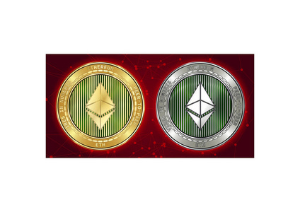 金和银以太 eth 加密货币硬币在区块链子背景