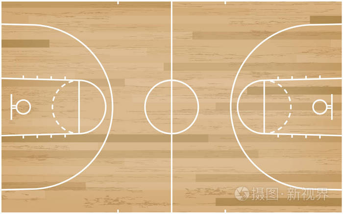 篮球场地板与木纹纹理背景线篮球场地矢量图