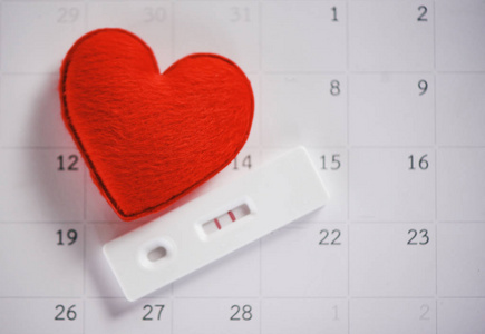 怀孕测试孕妇概念积极结果两行计划婴儿孕产保健和红心日历背景