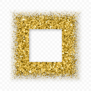 金色闪光的框架与平淡的阴影隔离在透明的背景。 抽象闪亮的纹理方块边界。 纸屑的金色爆炸。 矢量插图EPS10。