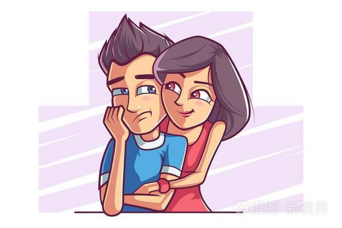 可爱的女孩从后面抱着男孩. 矢量卡通插图. 孤立在白色背景上.