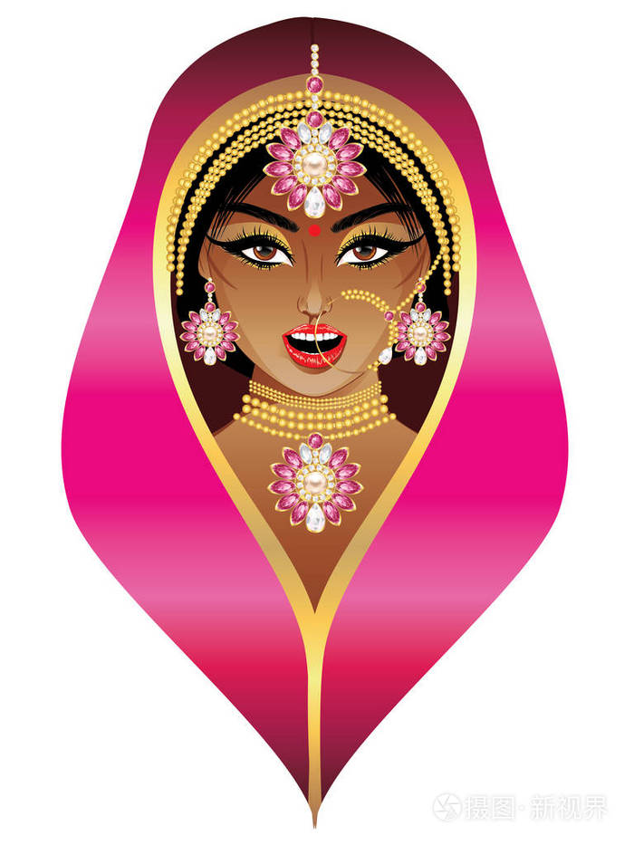 插画 印度新娘的时尚肖像和珍贵的珠宝.eps
