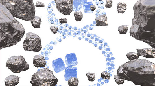 3月8日的标志。由水滴和冰块宝石块组成的8个图与小行星一起在太空中飞行。国际妇女日的装饰问候明信片。3d 插图