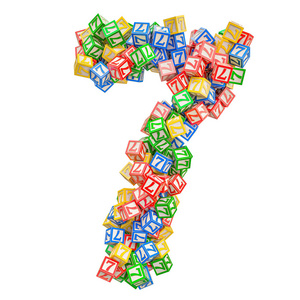 数字7从ABC字母木块。 3D渲染隔离在白色背景
