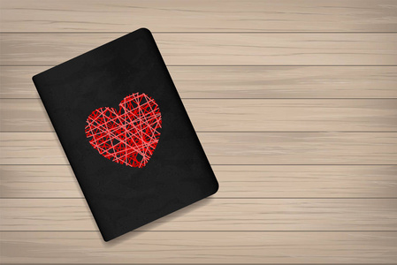 抽象红色的心在书封面与木材纹理背景。矢量图。