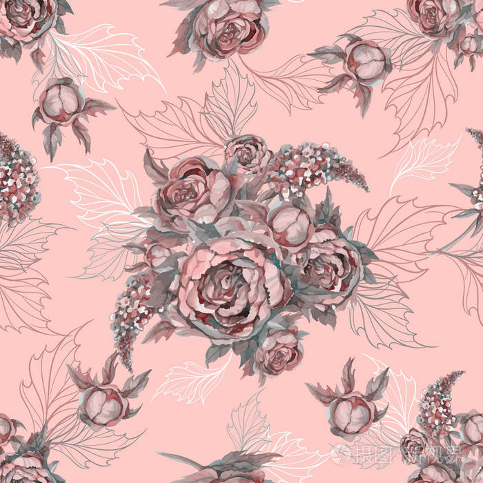 花型无缝图案玫瑰花,牡丹和紫丁香.