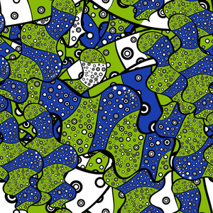 矢量图。 五颜六色的图案。 无缝平面设计与抽象涂鸦在黑色，绿色和蓝色的背景。