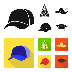 服装和帽子标志的矢量设计。一套服装和贝雷帽矢量图标的股票