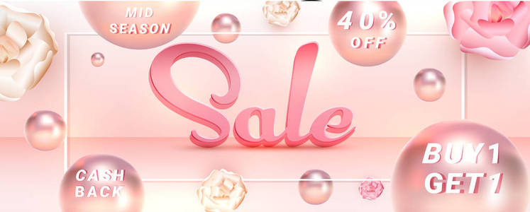 创意销售标题或横幅设计与40折扣优惠和现实珍珠花装饰粉红色背景。