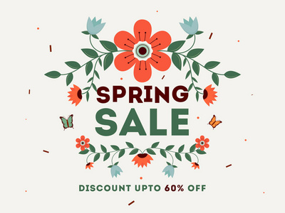 春季销售海报或横幅设计，六折优惠，装饰平面风格花卉插图。