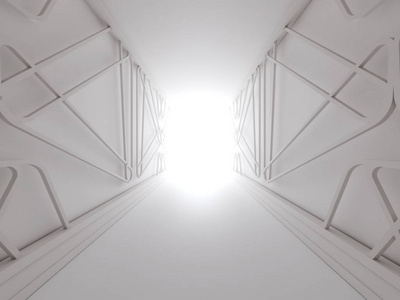 未来派内部装饰白色抽象线空房间与自然光3渲染