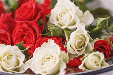 新鲜的红白玫瑰花束，鲜艳的背景