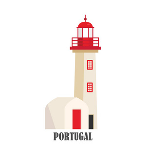 葡萄牙灯塔卡波德罗卡欧洲边缘。 葡萄牙地标图标。 平面样式矢量插图。 纪念品磁铁横幅明信片。