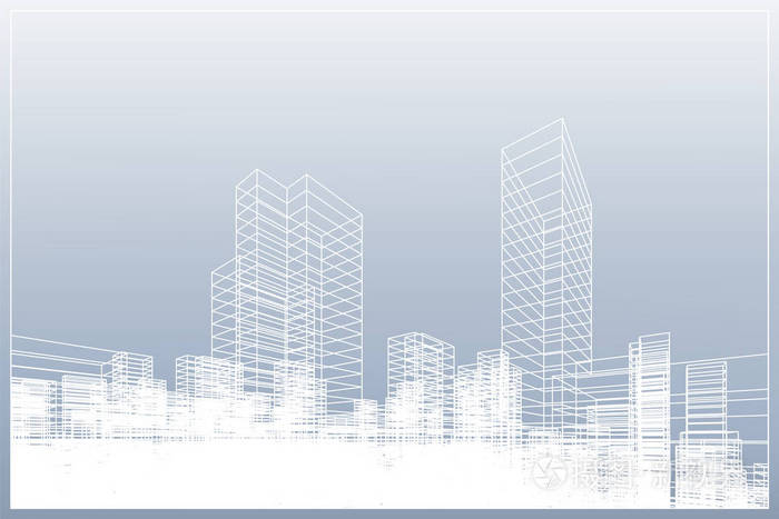 抽象线框城市背景. 建筑线框的透视三维渲染. 矢量图.
