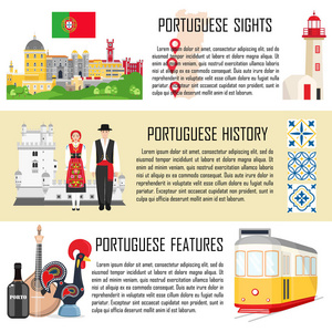 葡萄牙设置了传统美食历史和国家景点背景的横幅。 矢量插图