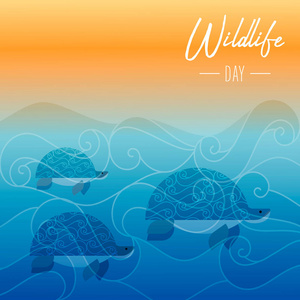 野生动物日插图海龟在日落时在海水中游泳，以提高海洋保护意识。