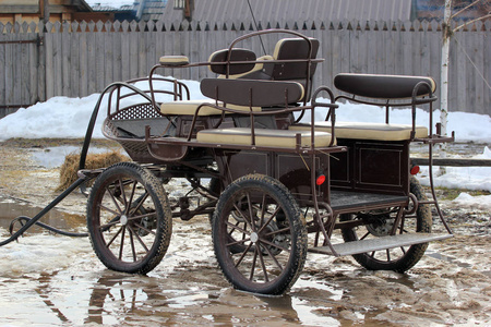 现代马车等着马和乘客照片