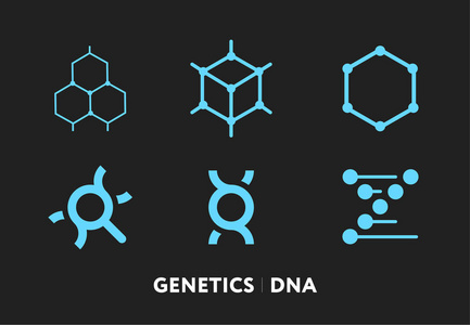 遗传学DNA生物学研究科学标志模板集。 矢量平线笔画图标。