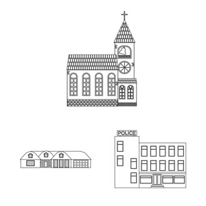 建筑物和前标志的孤立对象。股票的建筑物和屋顶矢量图标集