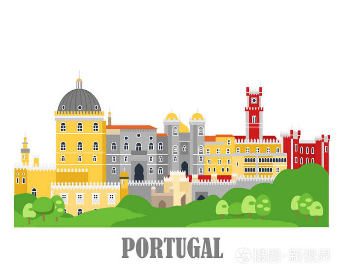 平面卡通风格的地标旅游观光收藏. 矢量插图