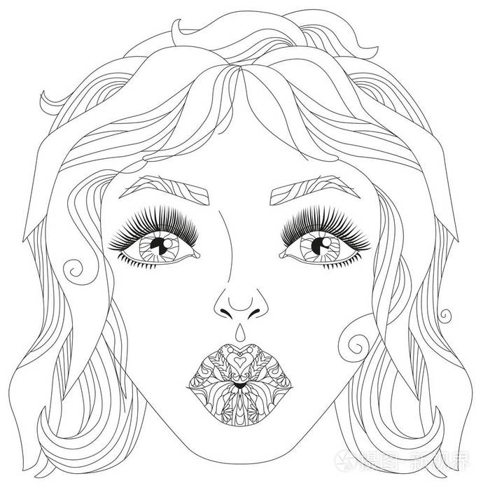 涂鸦女孩的脸.成人着色书的女性肖像.矢量插图