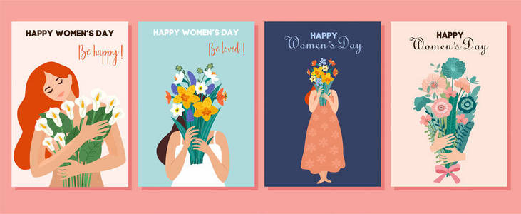 s Day. Vector illustration with cute women and bouquet of flower