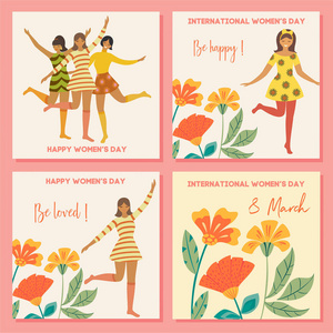 s Day. Vector vintage template with cute dancing girl and flower