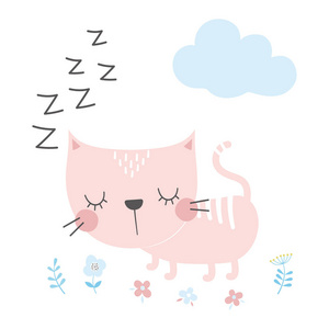 可爱的睡猫隔离白色有趣的动物卡通人物可爱的图形儿童粉红色猫与花和