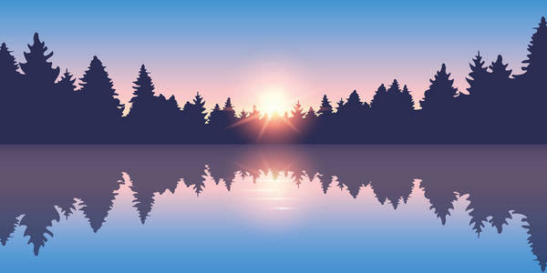 日出美丽的湖泊松林自然景观矢量图eps10