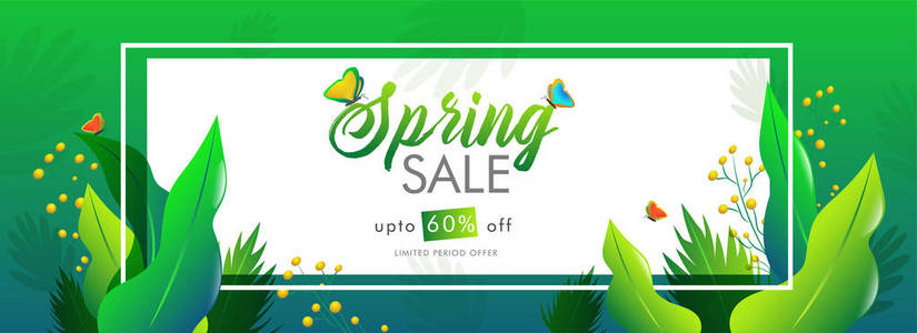 春季销售标题或横幅设计与60的折扣优惠，并装饰热带树叶。