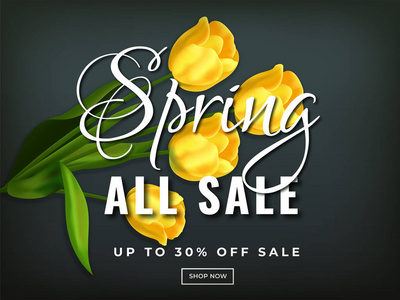 所有春季销售海报或横幅设计与现实郁金香花卉和30的折扣优惠。
