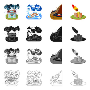 天气和遇险符号的矢量设计。一组天气和崩溃矢量图标的股票
