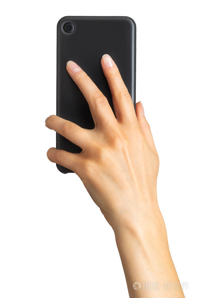 显示黑色智能手机的女性手拍照或自拍的概念