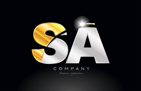组合字母sa是一种字母标志图标设计,黑色背景上有金银灰色金属,适合