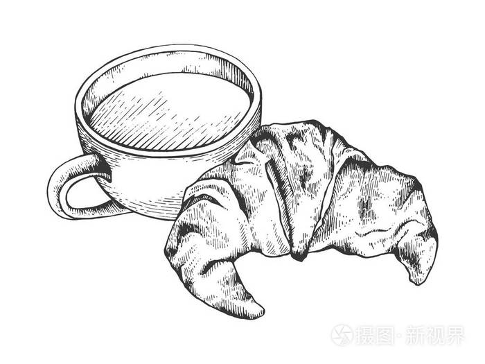 快餐咖啡和羊角面包素描雕刻向量插图.划痕板式模仿.黑白手绘图像