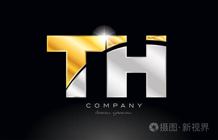 组合字母THTH字母表标志图标设计与金银灰色金属在黑色背景适合公司或企业