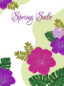 春季销售模板设计，装饰着五颜六色的花朵和热带树叶。