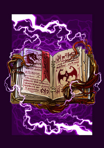 卡通色彩丰富,详细,古老的打开魔法咒语书与龙怪符号和书签.