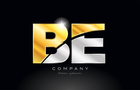 组合字母be字母表标志图标设计与金银灰色金属在黑色背景适合公司或企业