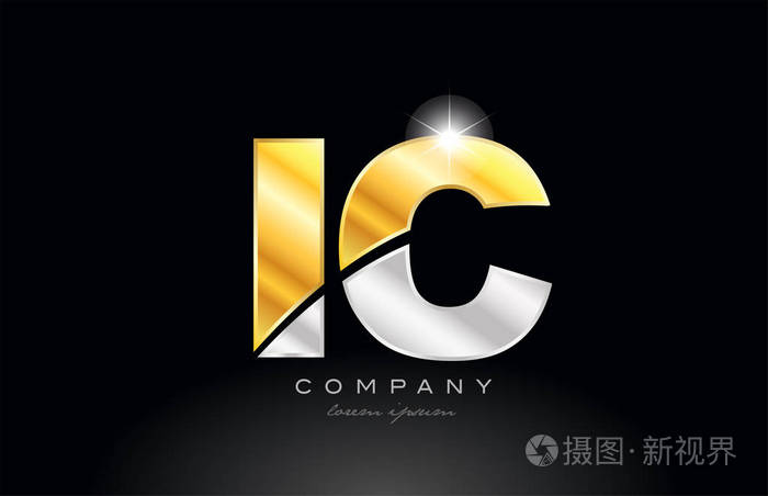 组合字母ICIc字母标志图标设计与金银灰色金属在黑色背景适合公司或企业